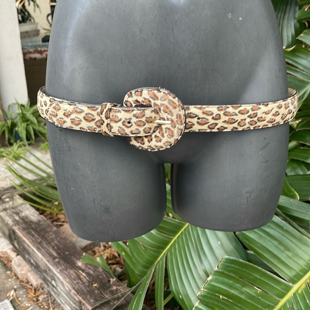 Leopard print suede belt with suede covered buckle